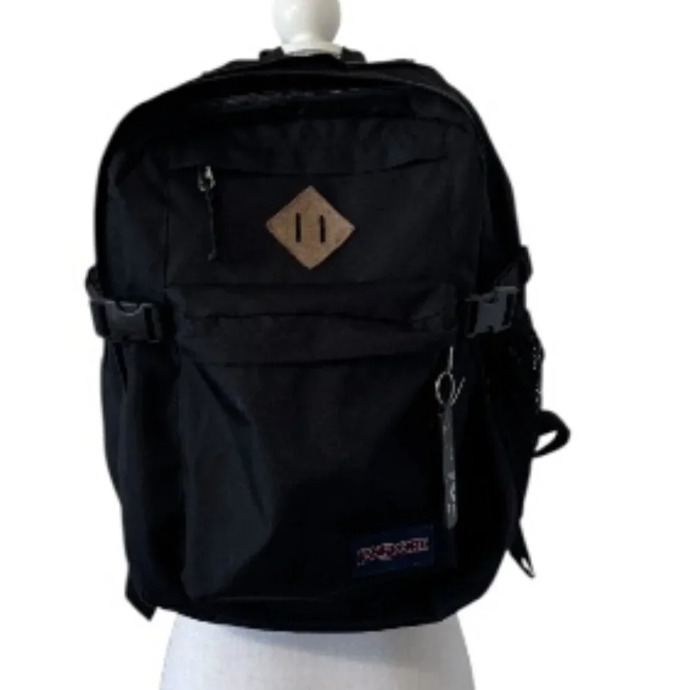 JANSPORT  Backpack Unisex Size Large Black Leather Diamond Patch-Brown (with two